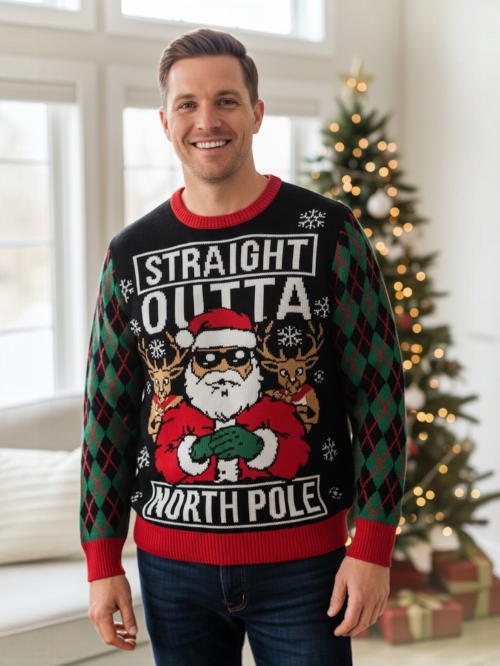 Straight Outta North Pole Christmas Sweater LIGHTS UP & BELLS Mens  XL 46-48